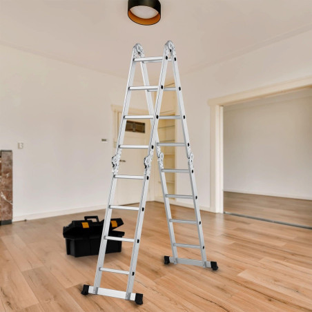 Échelle Multifonctions en Aluminium, 4x4 marches 4 mètre de Longueur, Pliable échelle en 4 Parties, supportant jusqu'à 150 kg